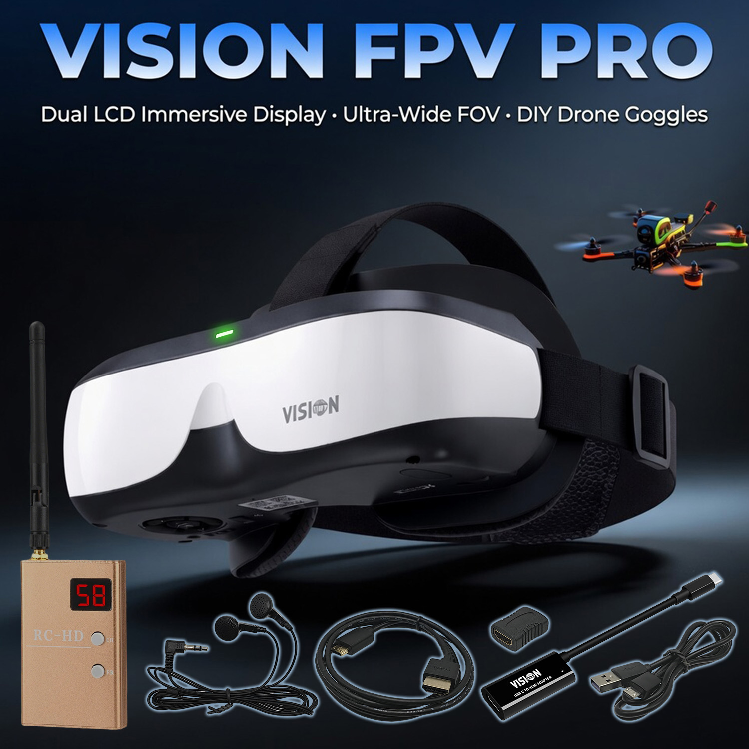 Skyzone Sky04O Pro Fpv Goggles - FPV-Brille, Kopfmontiertes Display, Analoger Videoempfänger, Einsteiger-Flughelm,